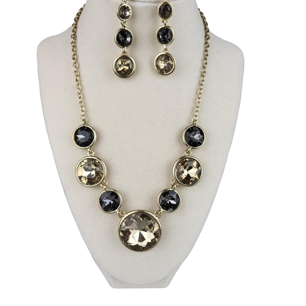 Vintage Chunky Cabochon Necklace & Earrings Set 21" Brown Black Toned Glass EUC